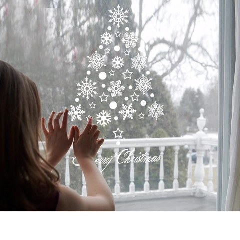 Christmas Window Stickers Snowflake Merry Christmas White PVC Wall Decals For Glass Door Holiday Shop Decor Waterproof Removable