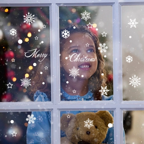 Christmas Window Stickers Snowflake Merry Christmas White PVC Wall Decals For Glass Door Holiday Shop Decor Waterproof Removable