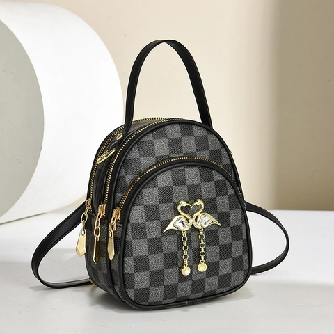 Women Mini Checkerboard Backpack PU Leather Vintage Small Shoulder Crossbody Bag With Metal Swan Artificial Pearl Pendant