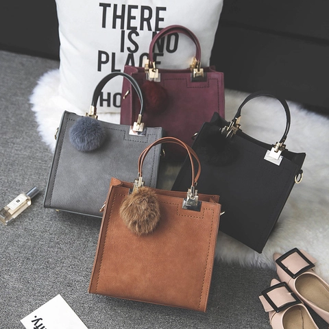 Women Frosted PU Leather Handbag With Pom Pom Charm Square Top Handle Crossbody Shoulder Bag Matte Fashion