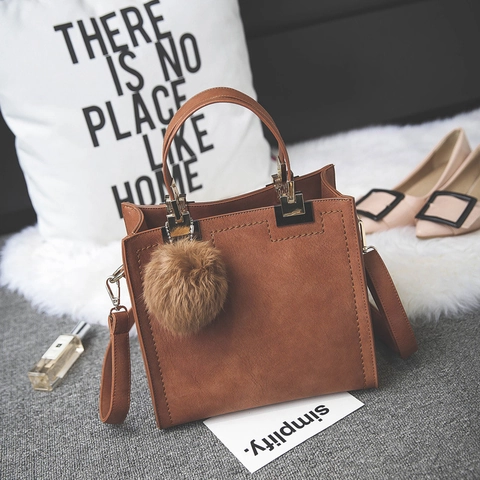 Women Frosted PU Leather Handbag With Pom Pom Charm Square Top Handle Crossbody Shoulder Bag Matte Fashion