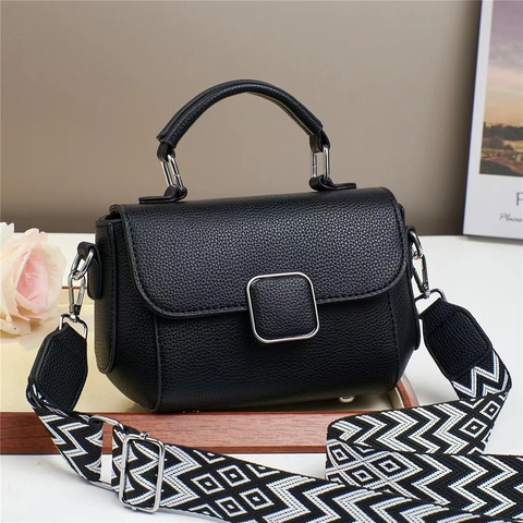 Women Lychee Pattern PU Leather Handbag Chic Top Handle Crossbody Bag With Wide Geometric Fabric Strap Silver Square Buckle