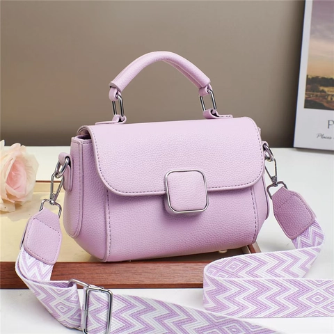 Women Lychee Pattern PU Leather Handbag Chic Top Handle Crossbody Bag With Wide Geometric Fabric Strap Silver Square Buckle