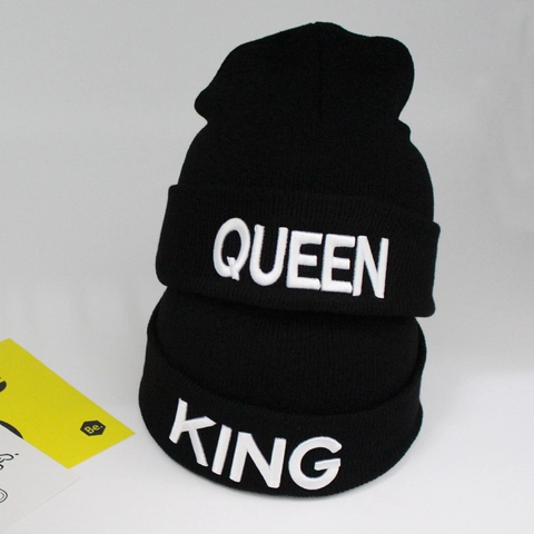 Knitted Beanie Hat Cotton Warm Winter Streetwear King Queen Embroidery Couples Unisex Fashion Cuffed Skull Cap