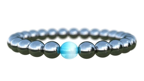 Bracciale Perline Unisex Minimalista Con Ematite Pietra Lavica Agata Opaca E Occhio Di Gatto Blu Gioielli Elastici