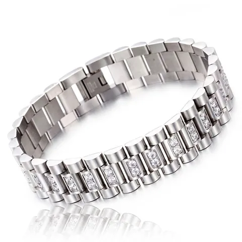 Men Stainless Steel Iced Out Presidential Link Bracelet With Cubic Zirconia Hip Hop Fashion Jewelry