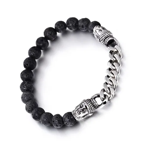 Men Stainless Steel Bracelet With Black Lava Stone Beads And Buddha Head Retro Religious Cuban Link Chain Jewelry