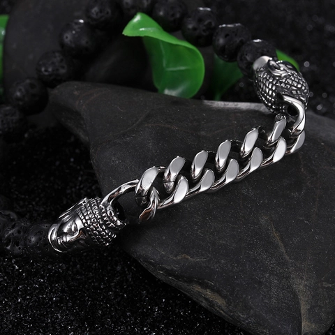 Men Stainless Steel Bracelet With Black Lava Stone Beads And Buddha Head Retro Religious Cuban Link Chain Jewelry