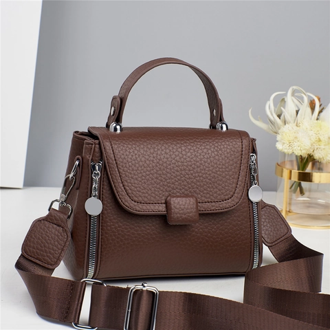 Women Crossbody Handbag PU Lychee Leather Top Handle Bag With Wide Adjustable Shoulder Strap Casual Daily Fashion
