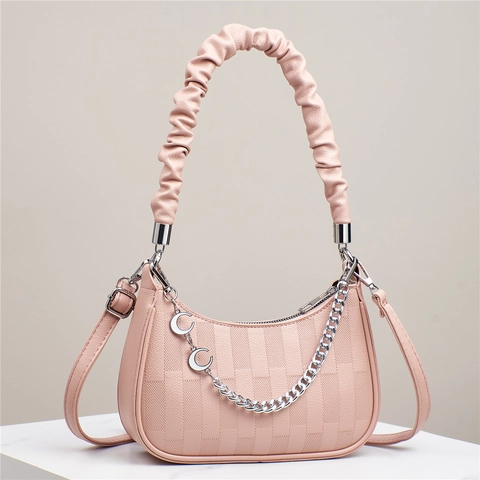 Damen PU Leder Hobo Tasche Mit Gekräuseltem Griff Schachbrettmuster Schultertasche Und Mond Anhänger Kette