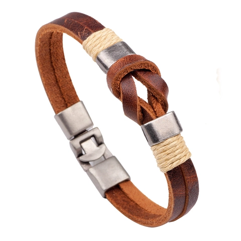 Bracelet En Cuir Véritable Tissé À La Main Vintage Cuir De Vachette Tressé Corde De Chanvre Bracelet À Nœud Infini Réglable Pour Hommes