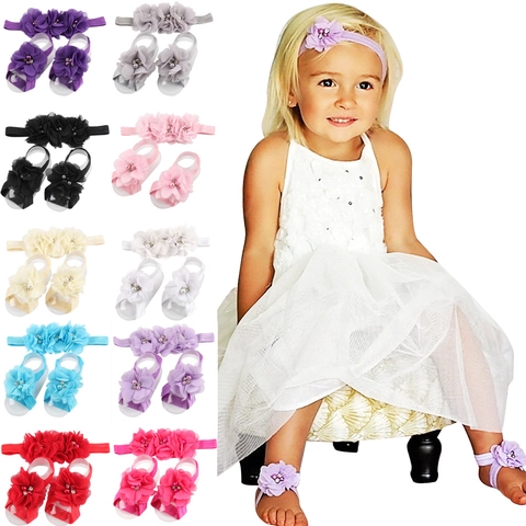 Baby Girls Headband And Barefoot Sandals Set Chiffon Artificial Pearl Rhinestone Floral Elastic Hair Band Photography Props