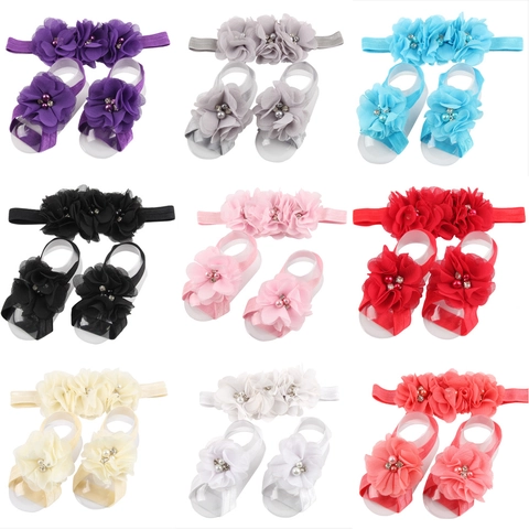 Baby Girls Headband And Barefoot Sandals Set Chiffon Artificial Pearl Rhinestone Floral Elastic Hair Band Photography Props