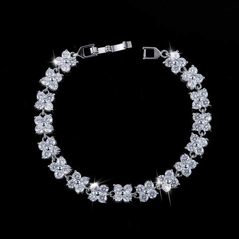 Copper Zirconia Flower Bracelet For Women Luxurious Gold Plated Wedding Party Jewelry Four Leaf Clover Floral Hand Chain