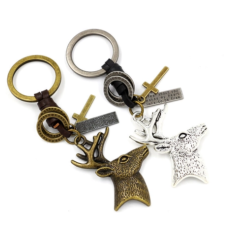 Vintage Metal Reindeer Keychain With Genuine Leather Strap Retro Christmas Elk Head Cross Pendant Fashion Car Key Ring For Men Women