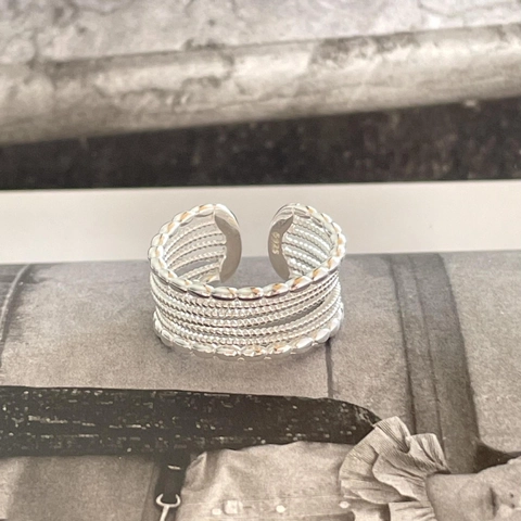 Mehrlagiger Ring 925 Sterling Silber Perlenstruktur Minimalistisch Verstellbare Öffnung Für Damen Modeschmuck