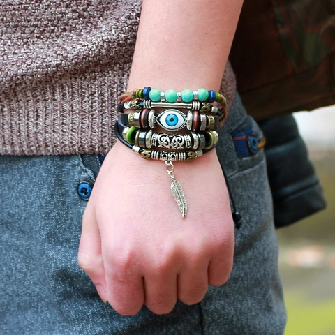Mehrlagiges Lederarmband Mit Evil Eye Perlen Und Federanhänger Handgewebter Boho Schmuck Für Herren