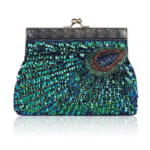 Vintage Handmade Beaded Sequin Evening Clutch Bag Peacock Feather Pattern Metal Frame Handbag For Women Party Banquet