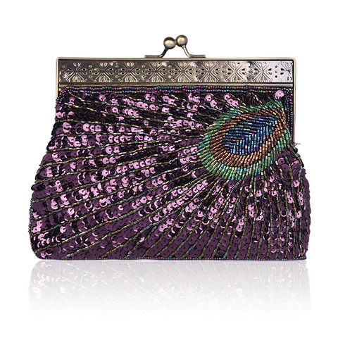 Vintage Handmade Beaded Sequin Evening Clutch Bag Peacock Feather Pattern Metal Frame Handbag For Women Party Banquet