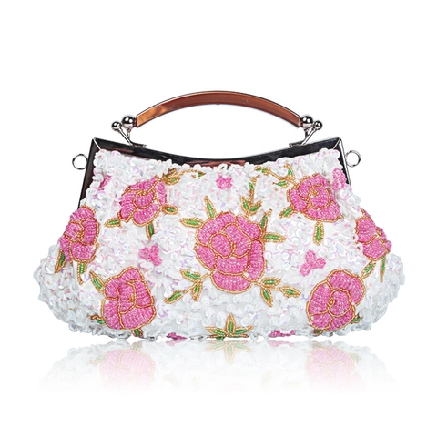 Evening Clutch Bag Handmade Bead Sequin Rose Floral Retro Resin Handle Purse Party Wedding Elegant For Women