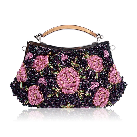 Evening Clutch Bag Handmade Bead Sequin Rose Floral Retro Resin Handle Purse Party Wedding Elegant For Women