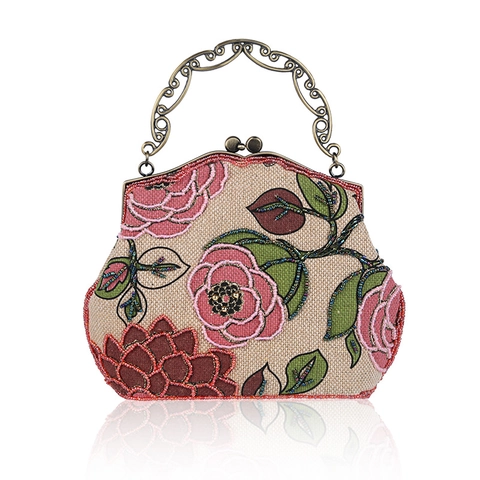 Vintage Floral Beadwork Embroidered Linen Evening Bag Retro Metal Handle Kiss Lock Party Clutch For Women