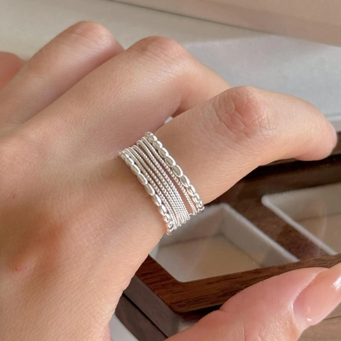 Mehrlagiger Ring 925 Sterling Silber Perlenstruktur Minimalistisch Verstellbare Öffnung Für Damen Modeschmuck