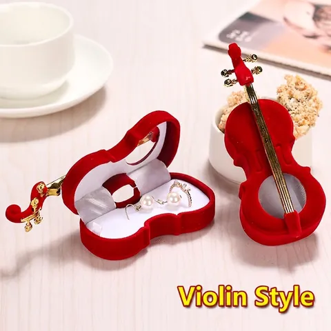 Violin Shaped Jewelry Box Velvet Flocking Metal Details Ring Earring Necklace Storage Case Gift Display Organizer