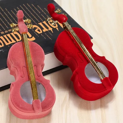 Violin Shaped Jewelry Box Velvet Flocking Metal Details Ring Earring Necklace Storage Case Gift Display Organizer