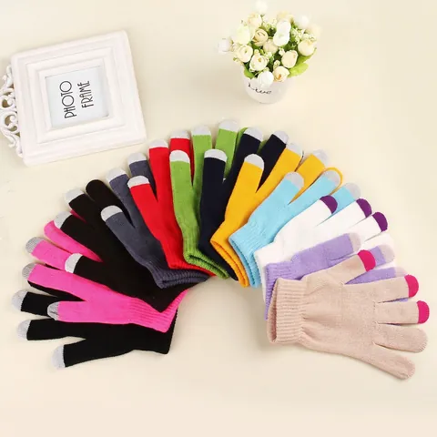 Winter Knitted Gloves Acrylic Thermal Touchscreen Warm Full Finger Elastic Rib Cuff Outdoor For Adult Men Women