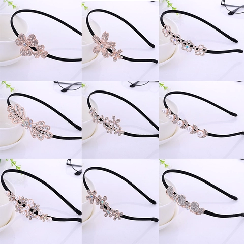 Kids Rhinestone Artificial Pearl Headband Alloy Thin Black Hair Hoop With Bow Butterfly Flower Shapes For Girls Sweet Hair Accessories