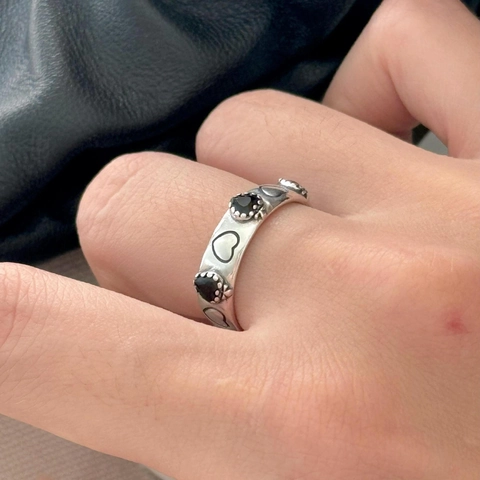 Anello In Argento Sterling 925 Vintage Con Zircone Cuore Nero Aperto Regolabile Design Cuore Cavo Per Donne Stile Punk Retro
