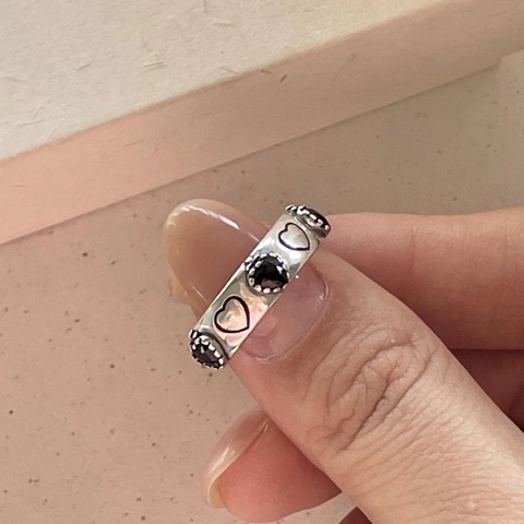 Anello In Argento Sterling 925 Vintage Con Zircone Cuore Nero Aperto Regolabile Design Cuore Cavo Per Donne Stile Punk Retro