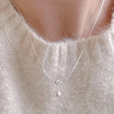 Artificial Pearl Pendant Necklace With 925 Sterling Silver Knot Curved Bar Box Chain Minimalist Elegant Jewelry For Women