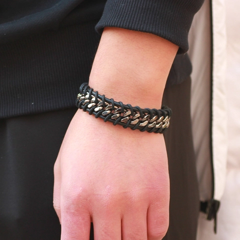 Men Retro Woven Leather Bracelet With Alloy Metal Chain Punk Vintage Wristband For Male Daily Wear