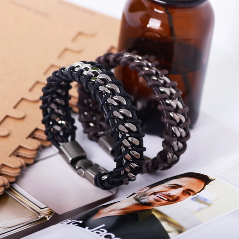 Men Retro Woven Leather Bracelet With Alloy Metal Chain Punk Vintage Wristband For Male Daily Wear