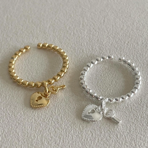 925 Sterling Silver Beaded Open Ring With Heart Lock And Key Pendant Korean Style Minimalist Jewelry For Women