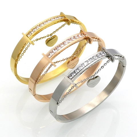 Stainless Steel Bangle Bracelet Heart Pendant Pave Square Zircon Hinge Closure Forever Love Jewelry For Women