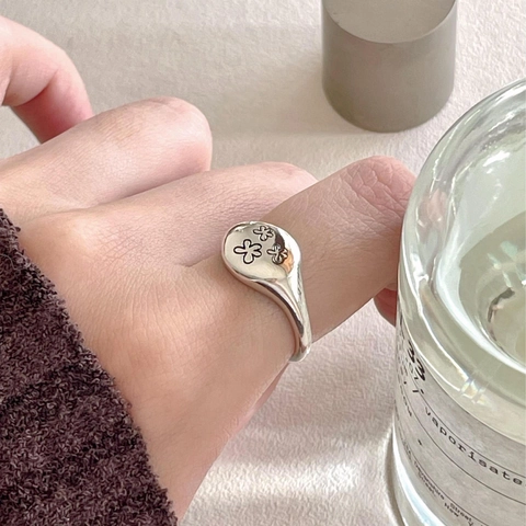 Anello In Argento Sterling 925 Con Incisione Floreale Vintage Sigillo Ovale Stile Coreano Minimalista Aperto Regolabile