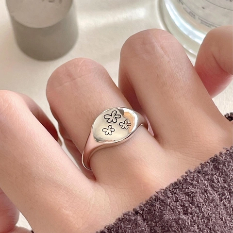 Anello In Argento Sterling 925 Con Incisione Floreale Vintage Sigillo Ovale Stile Coreano Minimalista Aperto Regolabile