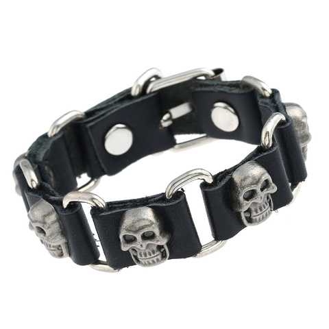 Punk Cowhide Leather Bracelet With Alloy Skulls Iron Rings Adjustable Snap For Men Unisex Gothic Style