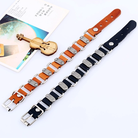 Punk Cowhide Leather Bracelet With Alloy Metal Rings Rivets Adjustable Buckle Retro Hip Hop Jewelry For Men Women