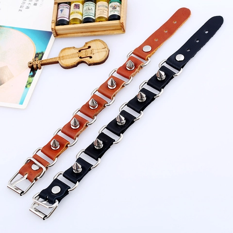 Punk Rock Cowhide Leather Bracelet With Alloy Metal Spikes And Rings Retro Locomotive Adjustable Snap Button Cuff For Men Women