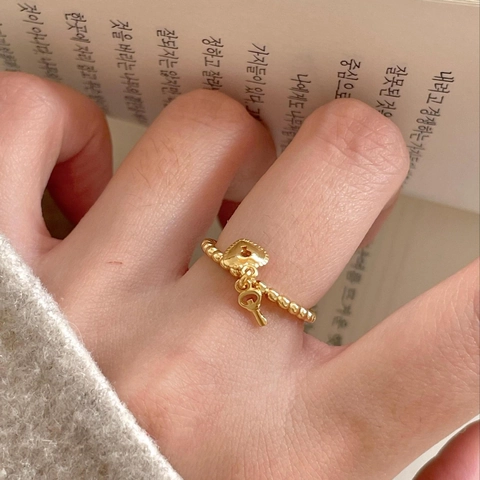 925 Sterling Silver Beaded Open Ring With Heart Lock And Key Pendant Korean Style Minimalist Jewelry For Women