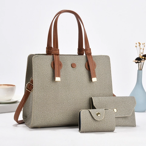 Damen Handtaschen Kollektion Leinwand PU Leder Tote Umhängetasche Clutch Und Kartenhalter Elegant Mode Pendeln