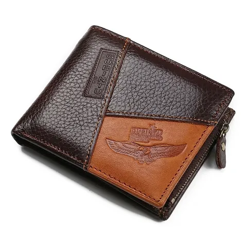 Cartera Hombre Bifold Cuero Genuino Piel Vaca Color Block Vintage Corta Con Bolsillo Monedas Cremallera Ranuras Tarjetas
