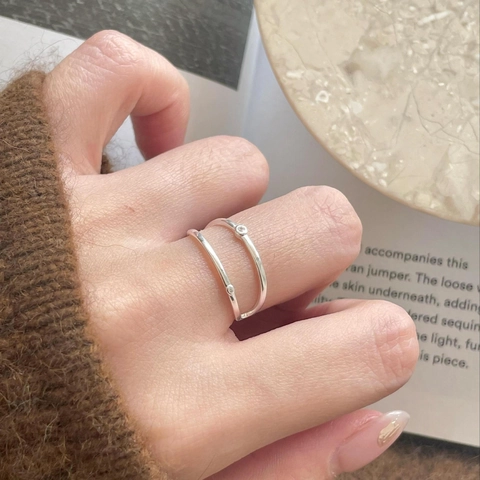 Minimalist Double Layer Open Ring 925 Sterling Silver With Clear Zircon Adjustable Fashion Jewelry For Women Elegant