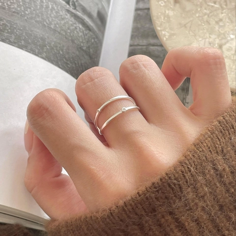 Minimalist Double Layer Open Ring 925 Sterling Silver With Clear Zircon Adjustable Fashion Jewelry For Women Elegant