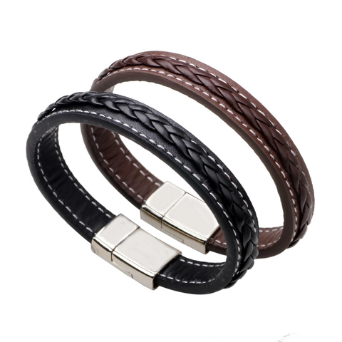 Herren Geflochtenes PU Lederarmband Punk Vintage Stil Mit Magnetischem Legierungsverschluss Und Kontrastnaht
