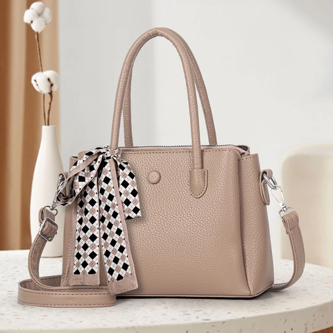 Women Handbag PU Leather Lychee Texture Crossbody Shoulder Bag With Satin Scarf Decor Elegant Trendy Square Tote